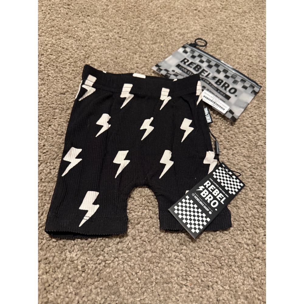 Rebel Bro Bamboo Biker Shorts Jagger Lightning Bolt Black Ribbed 6-12M NWT